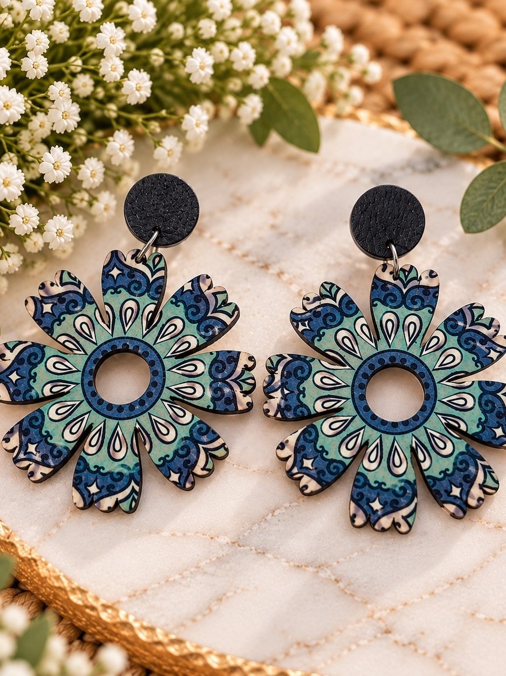 Boho Blue Floral Lightweight Wood Statement Earrings